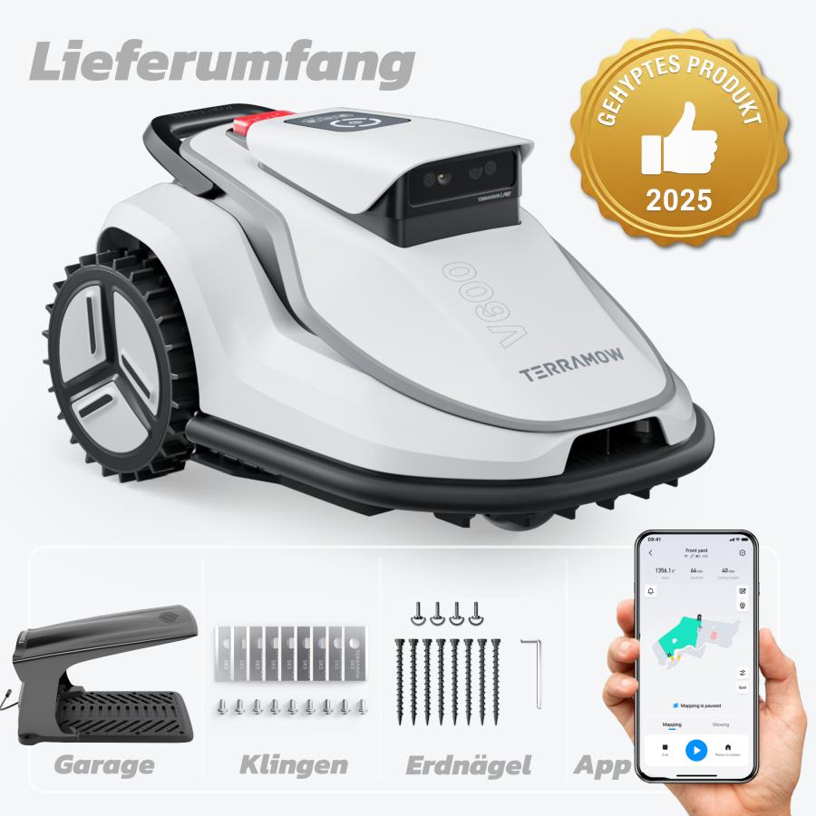 Terramow V600 mit Garage, Mähroboter, smarter Rasenroboter für 600 m², Gartenpflege ohne Begrenzungskabel